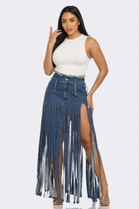 Cochella Bohemian Rhapsody Fringe Denim Skirt