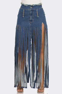 Cochella Bohemian Rhapsody Fringe Denim Skirt