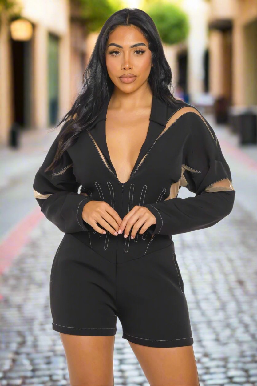 Chic Mesh-Panelled Black Romper