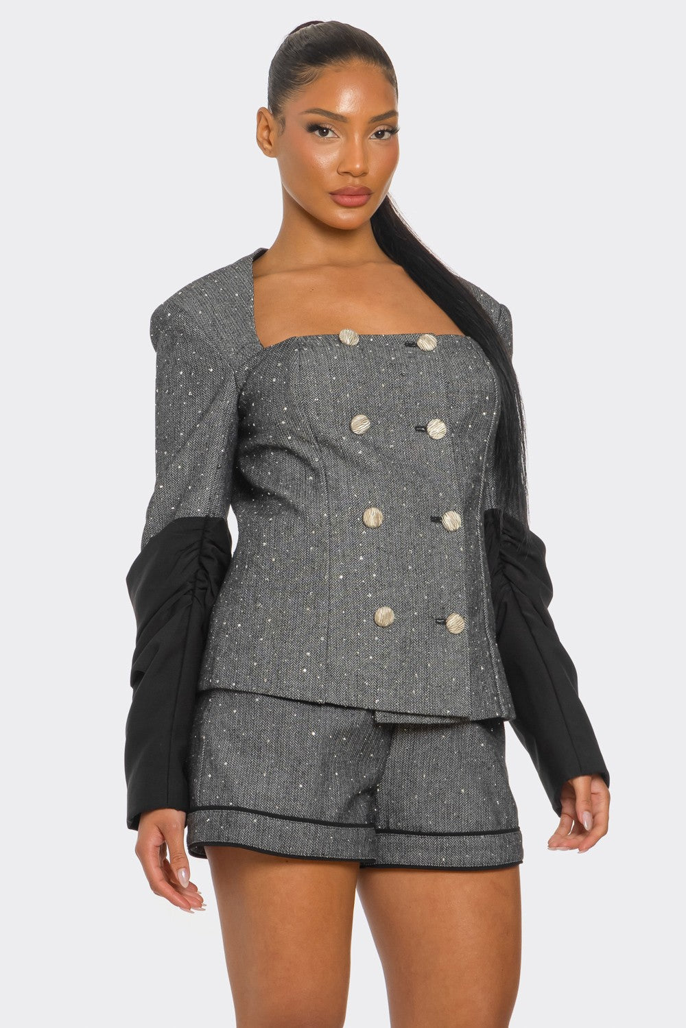 Double-Breasted Tweed Blazer and Shorts Set