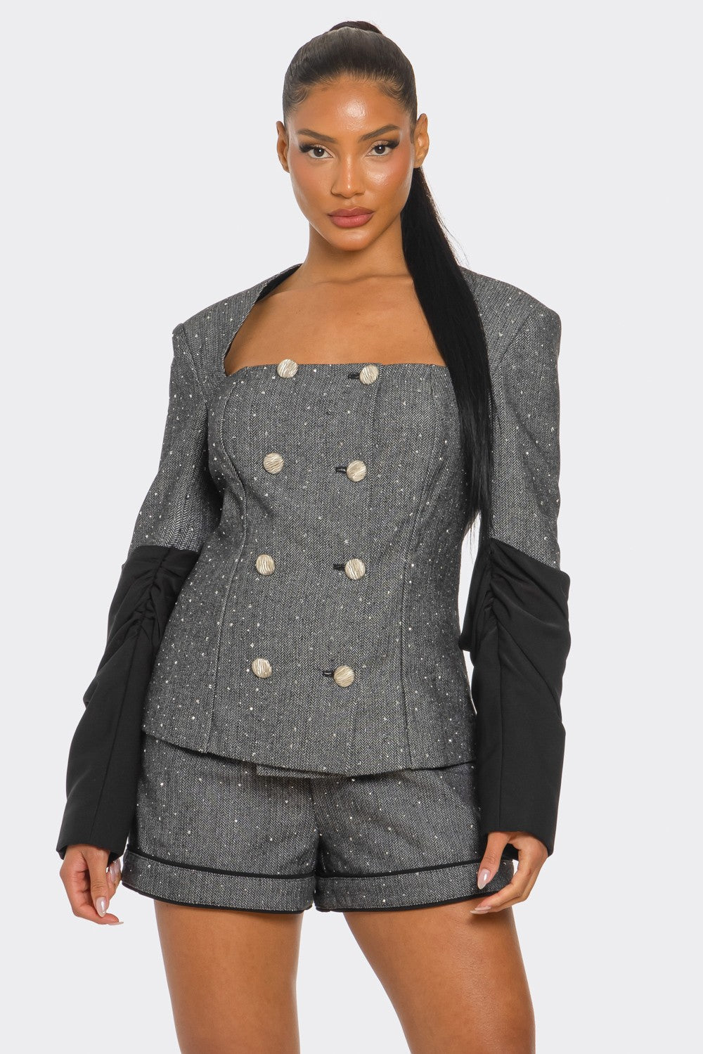 Double-Breasted Tweed Blazer and Shorts Set
