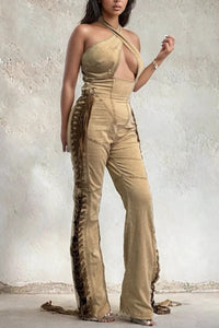 Crisscross Halter Lace-Up Denim Jumpsuit – Camel