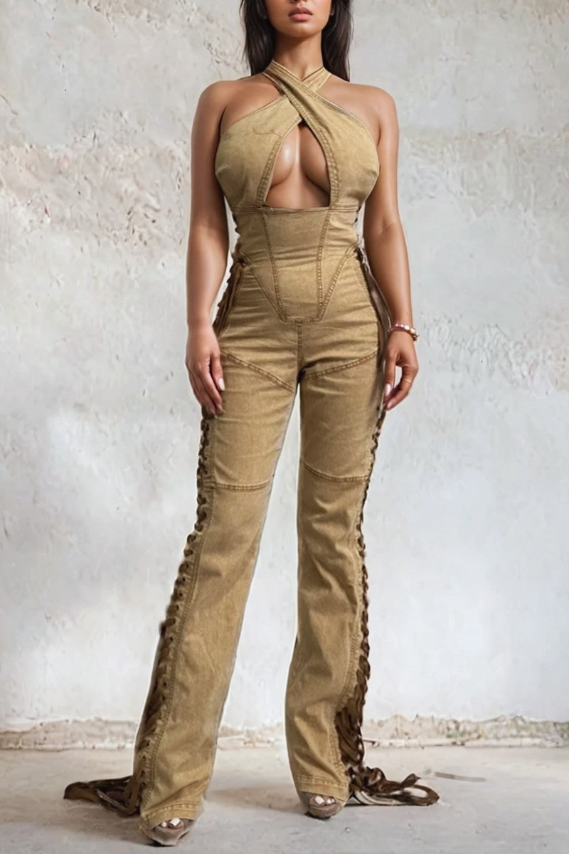 Crisscross Halter Lace-Up Denim Jumpsuit – Camel