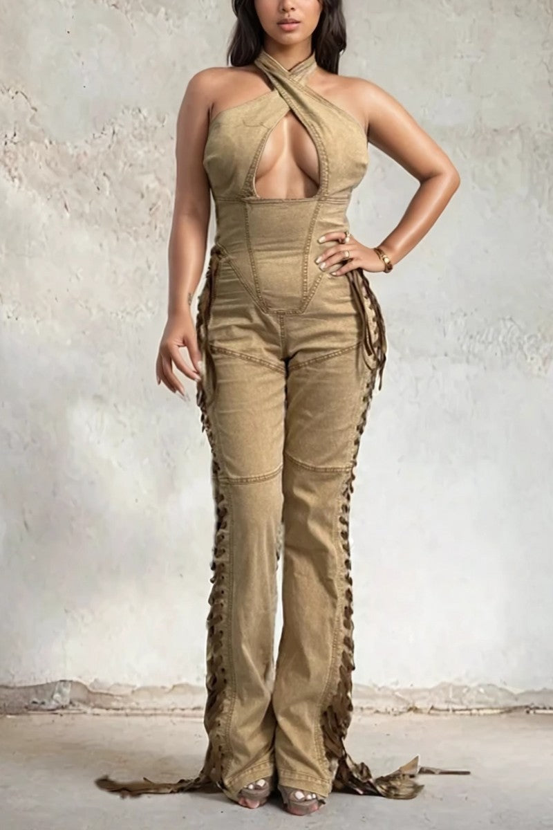 Crisscross Halter Lace-Up Denim Jumpsuit – Camel