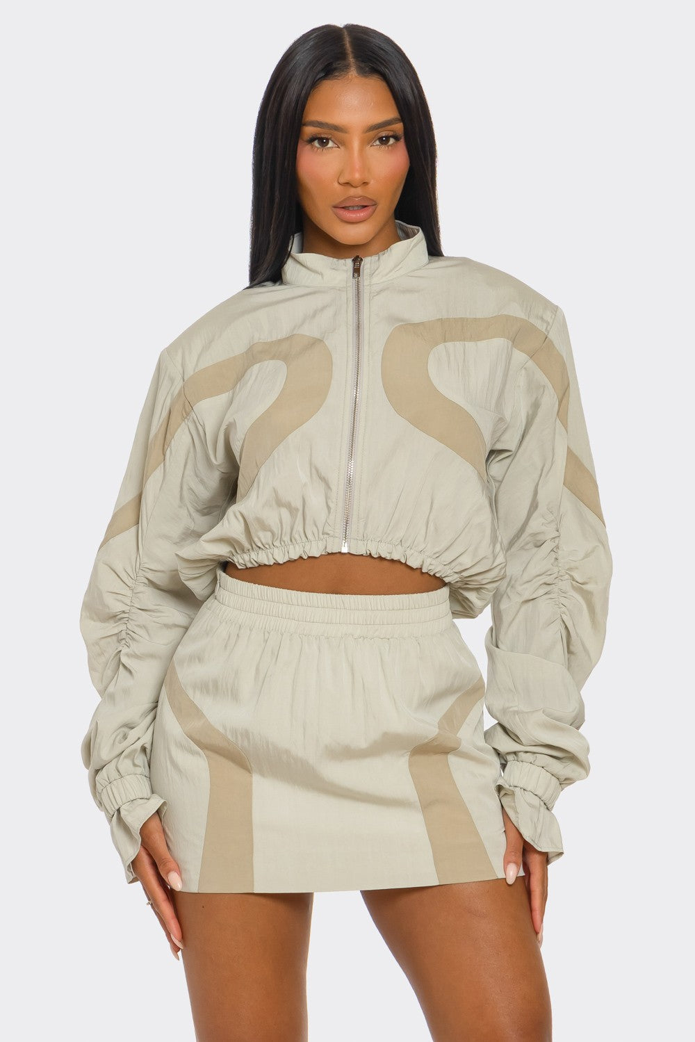 Two-Tone Nylon Windbreaker Skirt Set