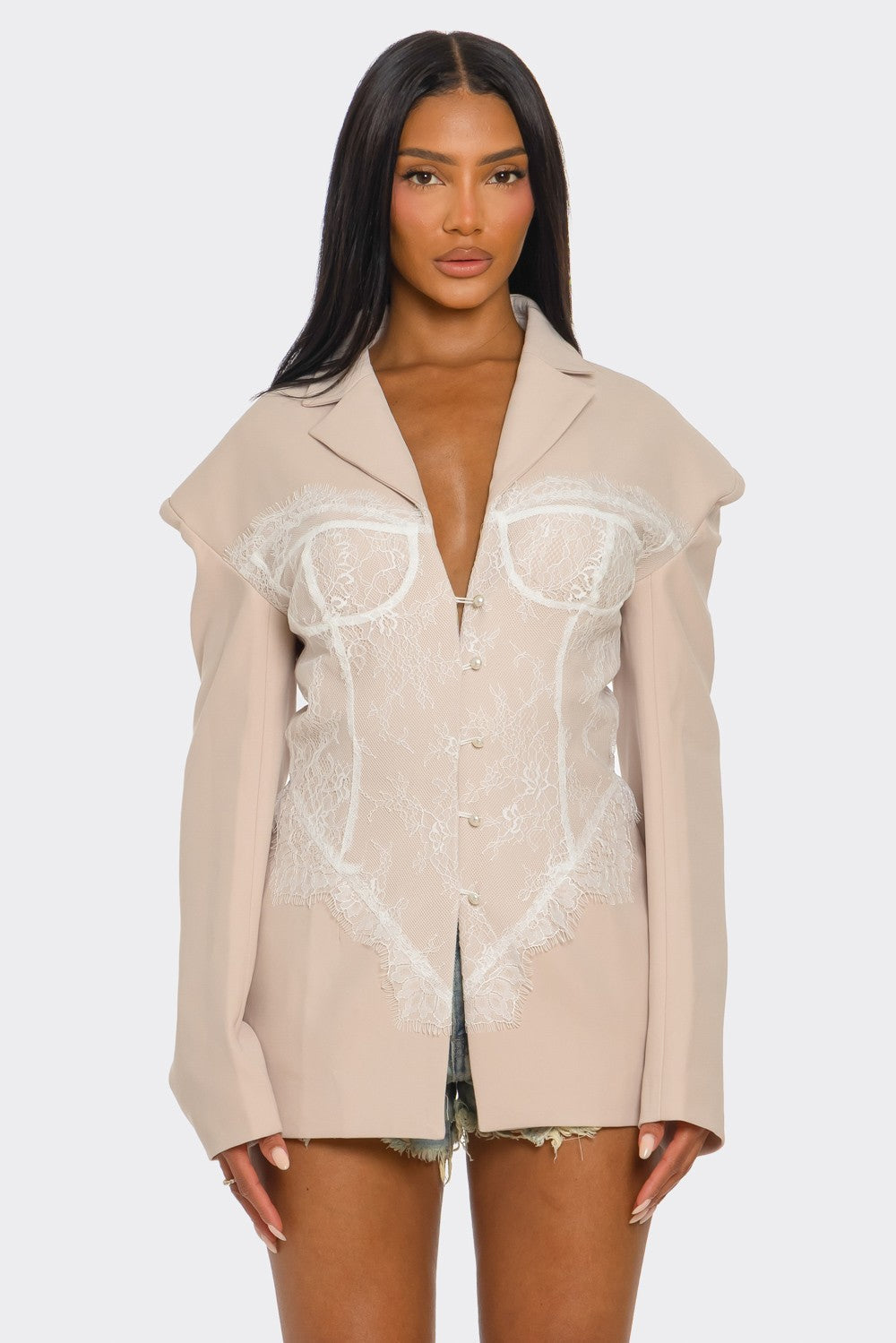 Lace Command Corset Blazer - Blush Nude