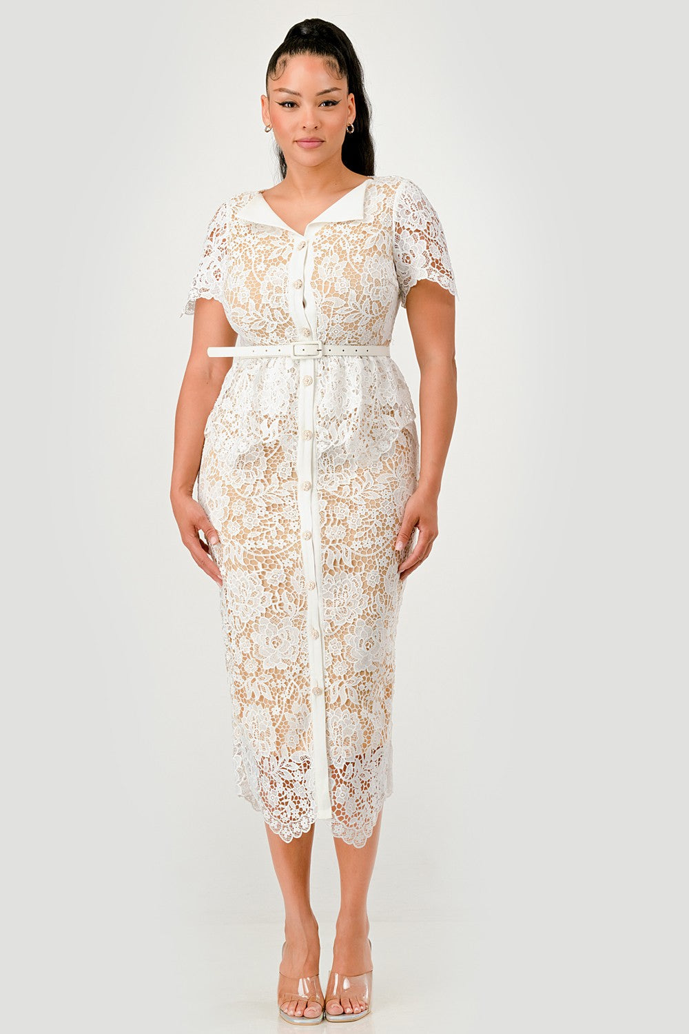 Button-Front Belted Lace Midi Dress – White