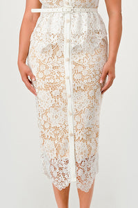 Button-Front Belted Lace Midi Dress – White