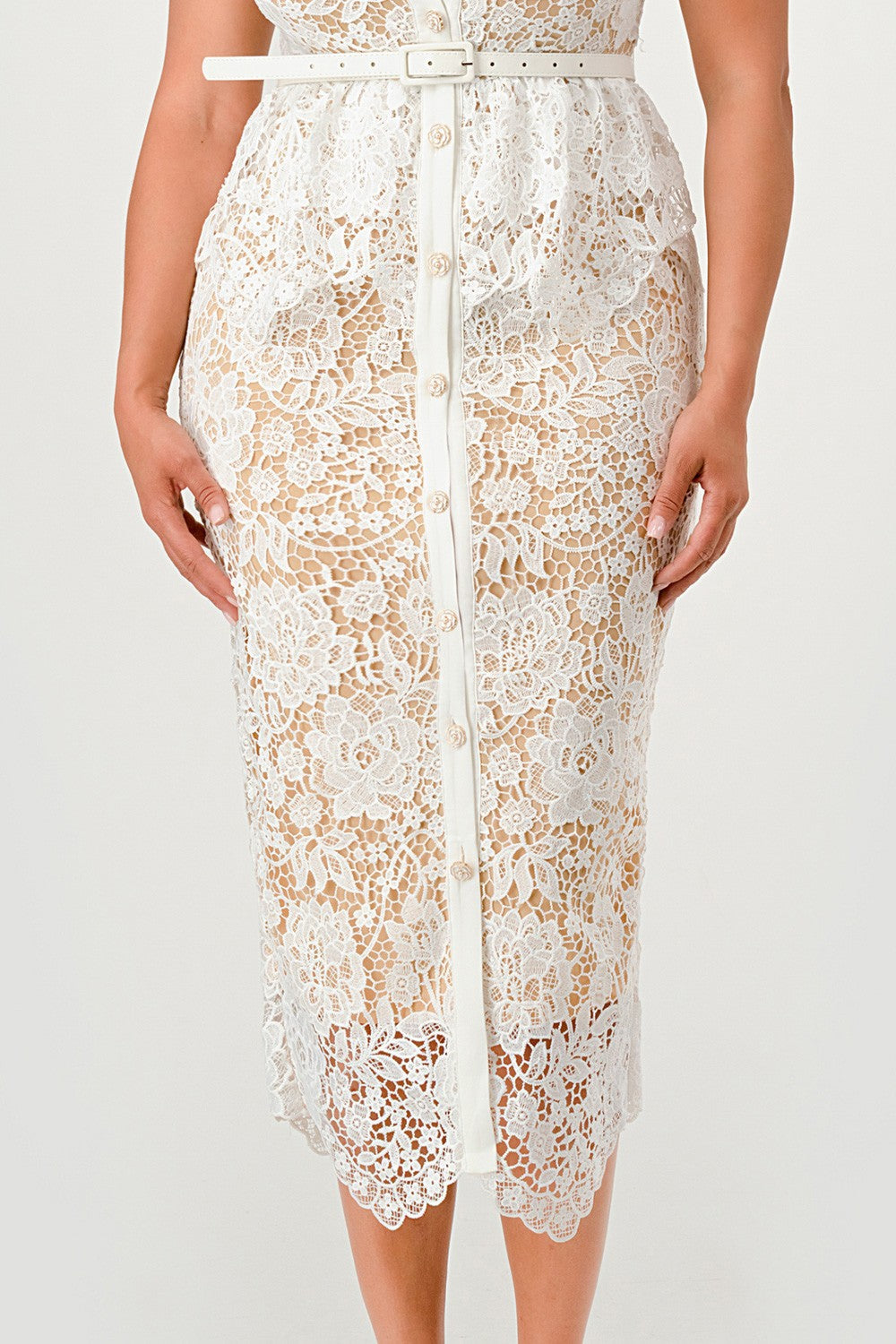Button-Front Belted Lace Midi Dress – White