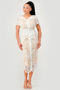 Button-Front Belted Lace Midi Dress – White