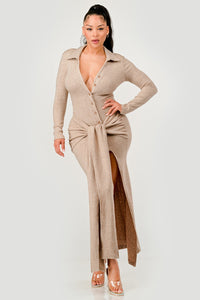 Knit Collar Tie Front Maxi Dress