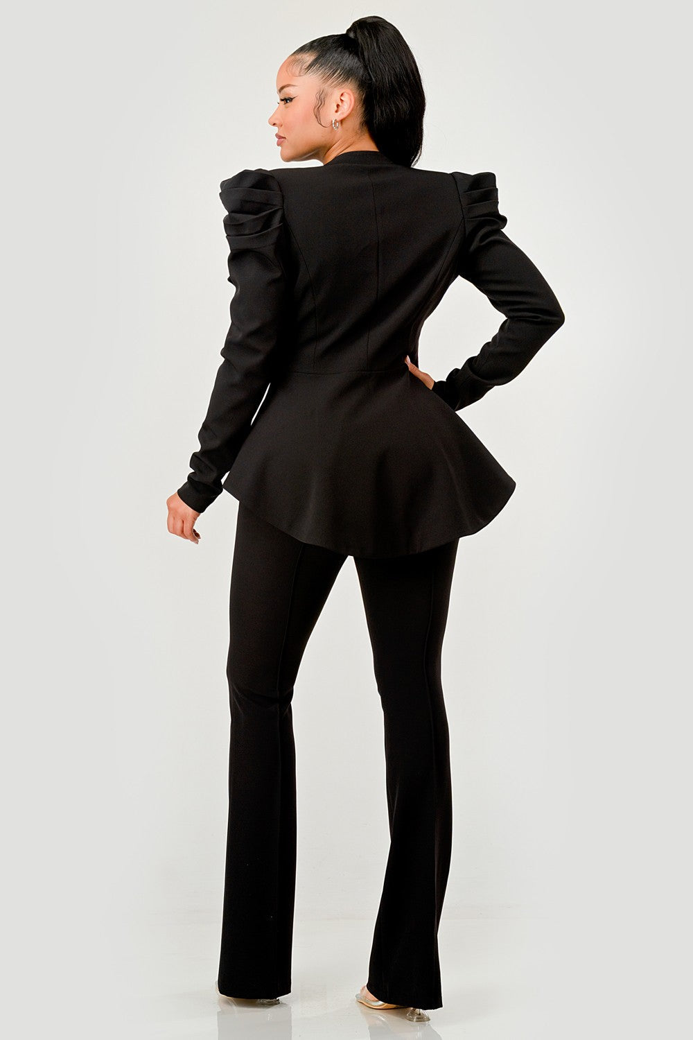 Ruched Shoulder Wide Collar Pant Set