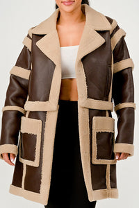 Brown Faux Leather Shearling Trim Coat