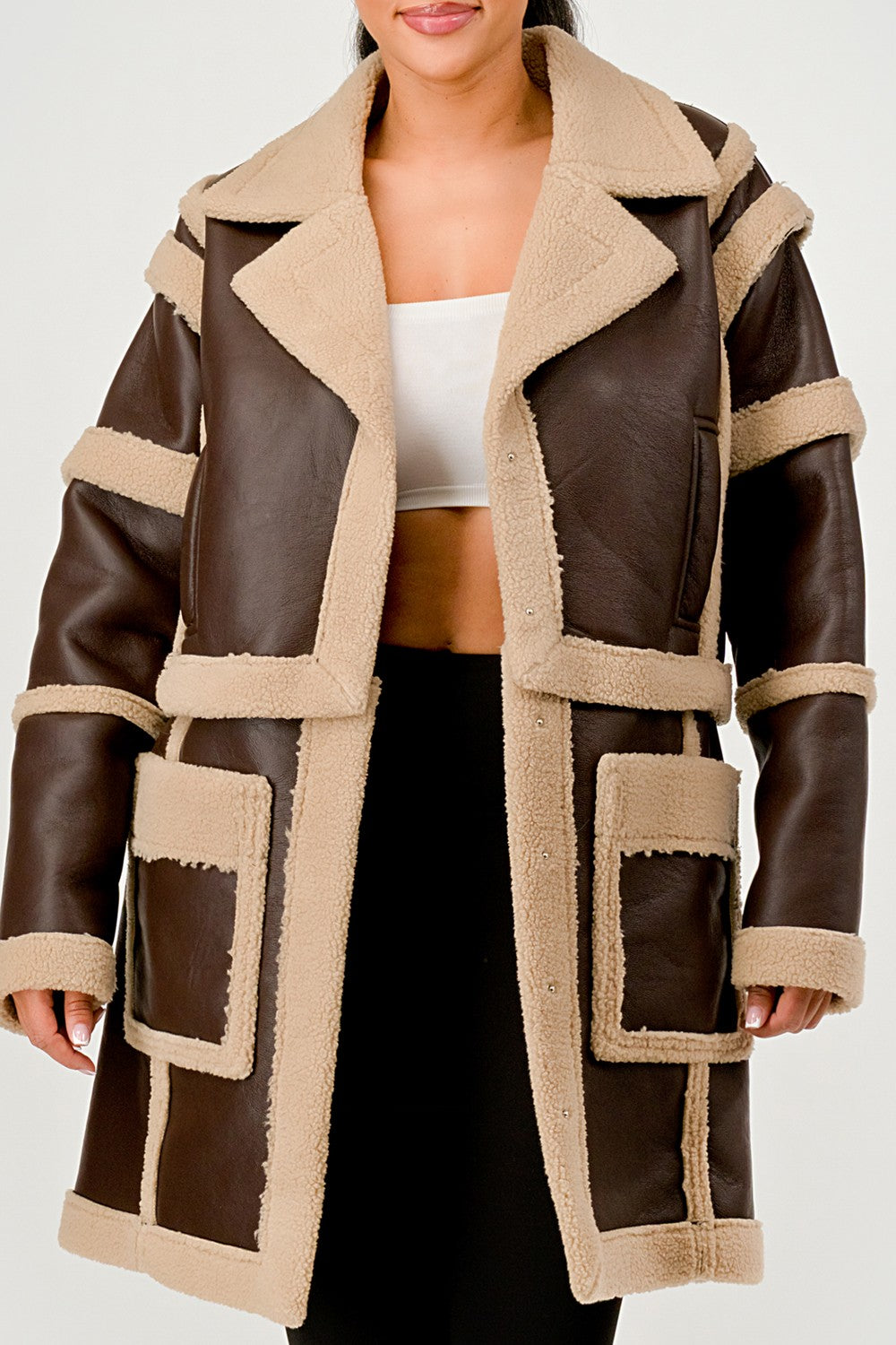 Brown Faux Leather Shearling Trim Coat