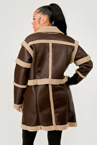 Brown Faux Leather Shearling Trim Coat