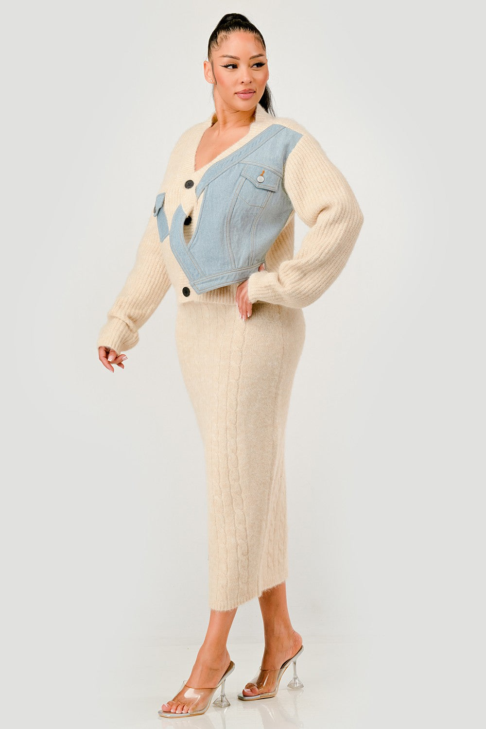 Denim Patchwork Knit Two-Piece Skirt Set