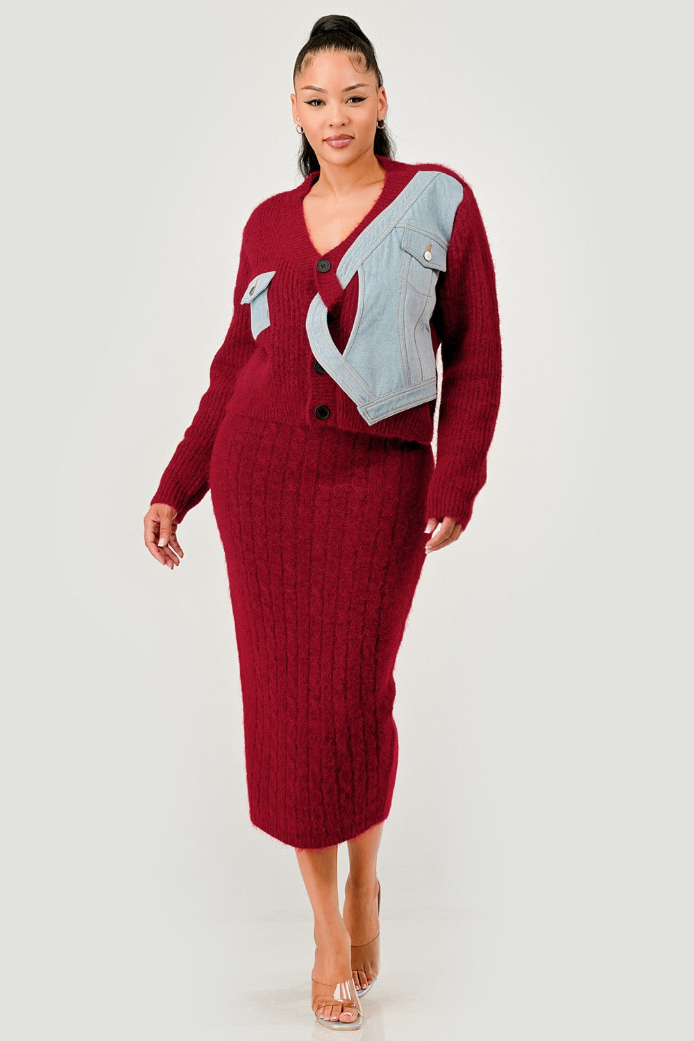 Denim Patchwork Knit Two-Piece Skirt Set
