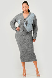 Denim Patchwork Knit Two-Piece Skirt Set