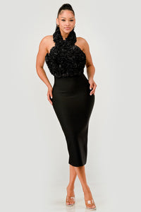 Rose Applique Halter Midi Dress