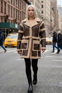 Brown Faux Leather Shearling Trim Coat