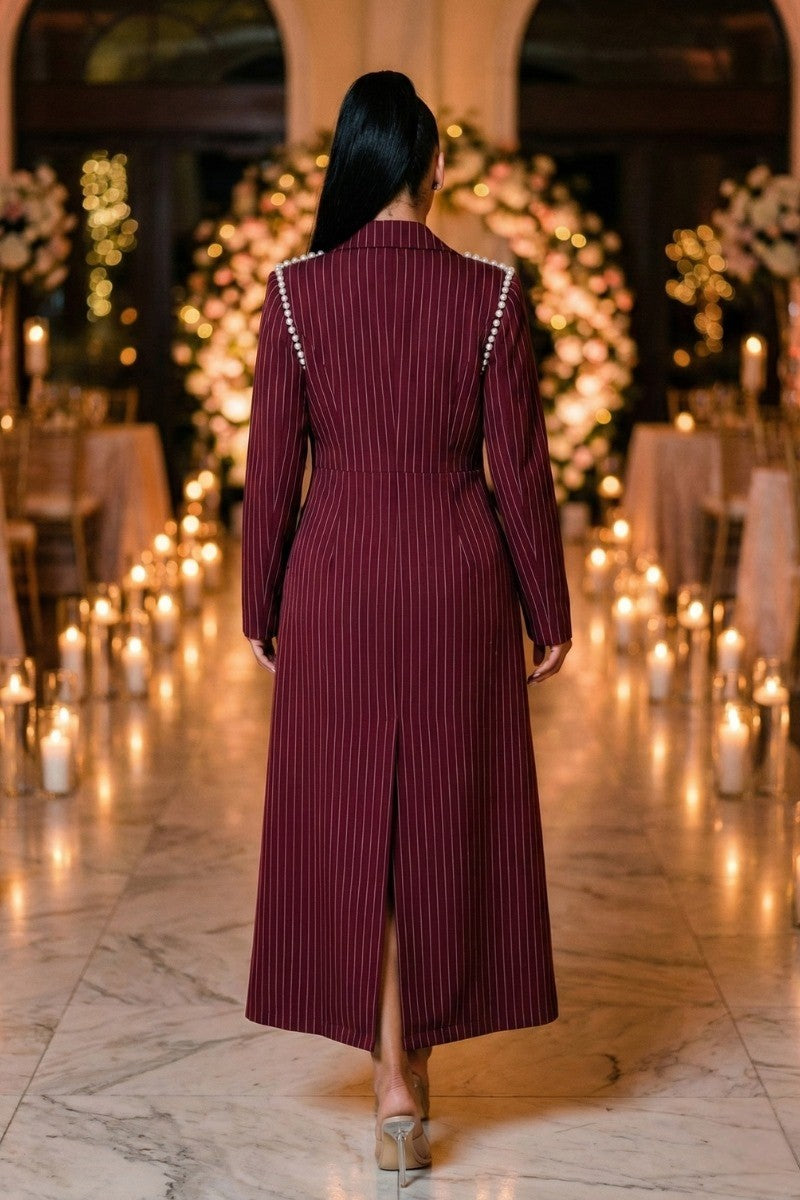 Burgundy Pinstripe Three-Piece Coat Set