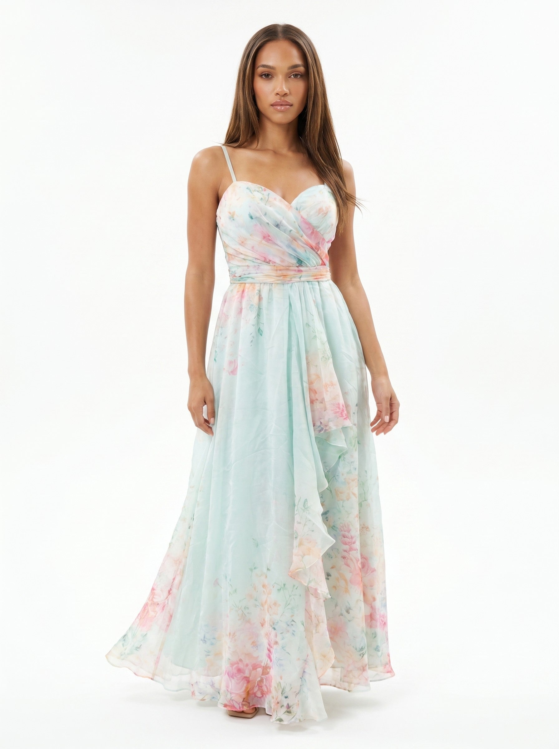 Ethereal Watercolor Floral Sweetheart Chiffon Gown