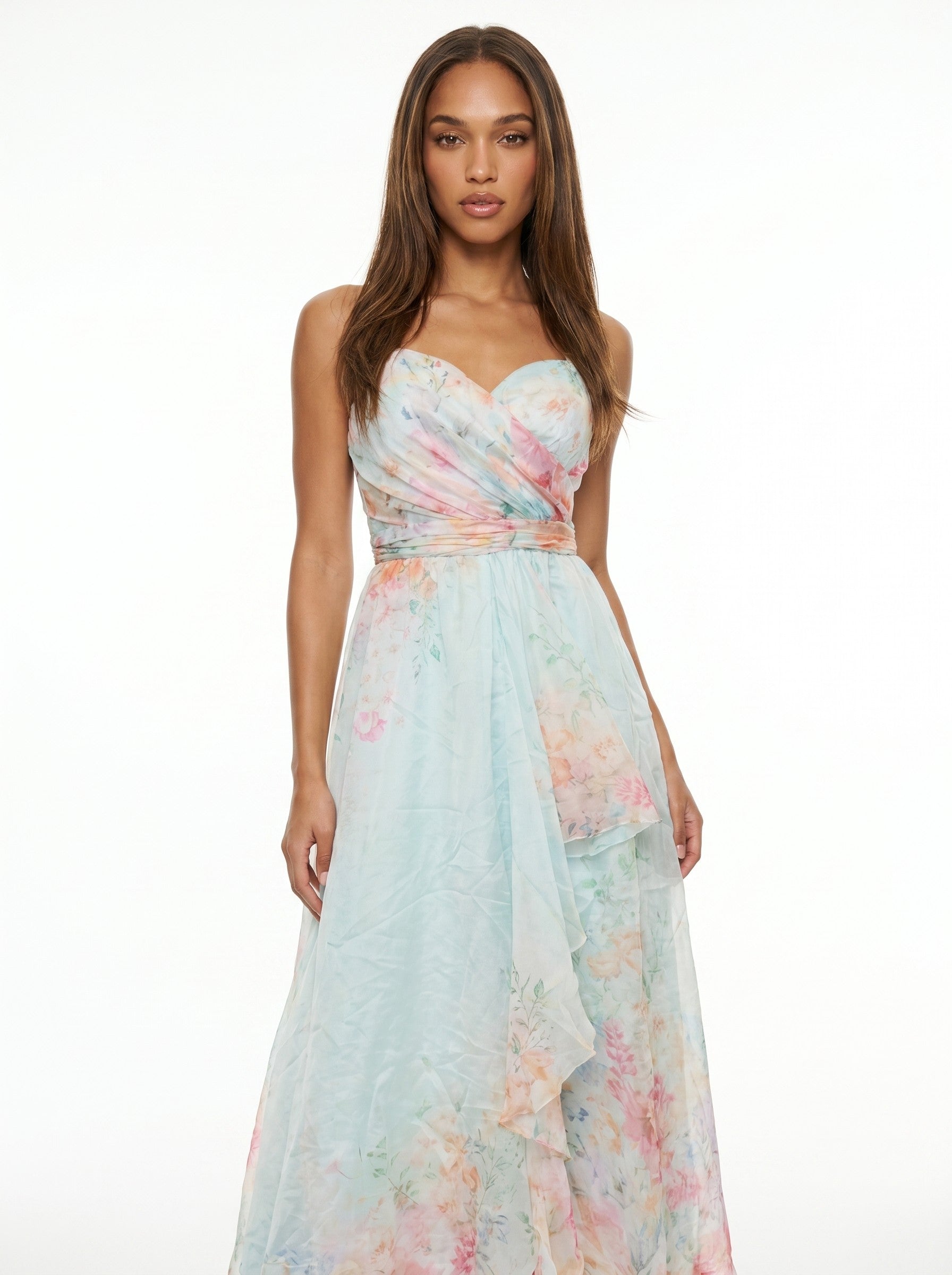 Ethereal Watercolor Floral Sweetheart Chiffon Gown