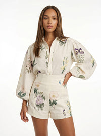 Painterly Botanical Linen Blouson Two-Piece Set