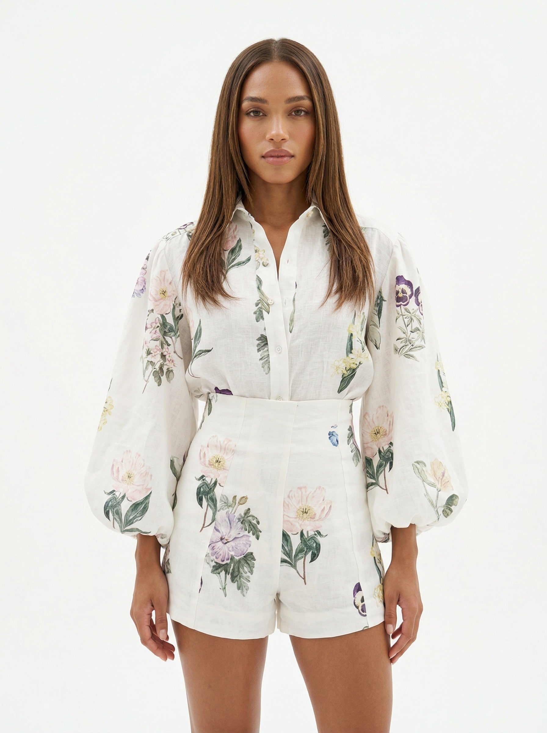 Painterly Botanical Linen Blouson Two-Piece Set