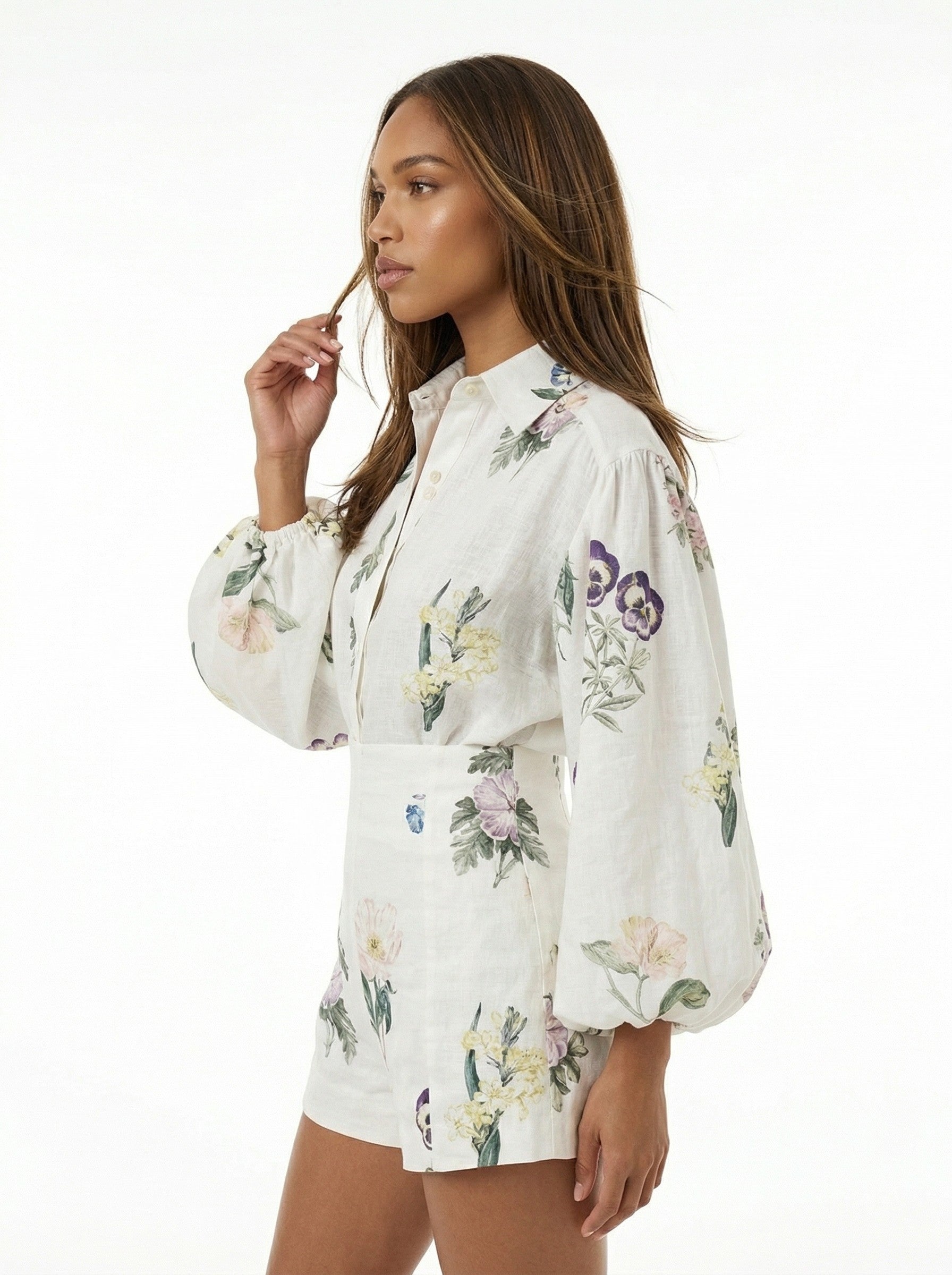 Painterly Botanical Linen Blouson Two-Piece Set