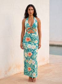 Emerald Tropic & Sculptural Cut-out Dress