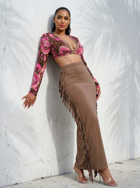 SALE Athina floral print crop top and tassel skirt set