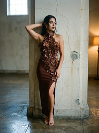 3D Rosette Cut-Out Halter Maxi Dress