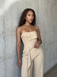 Camel Strapless Tailored Wide-Leg Jumpsuit