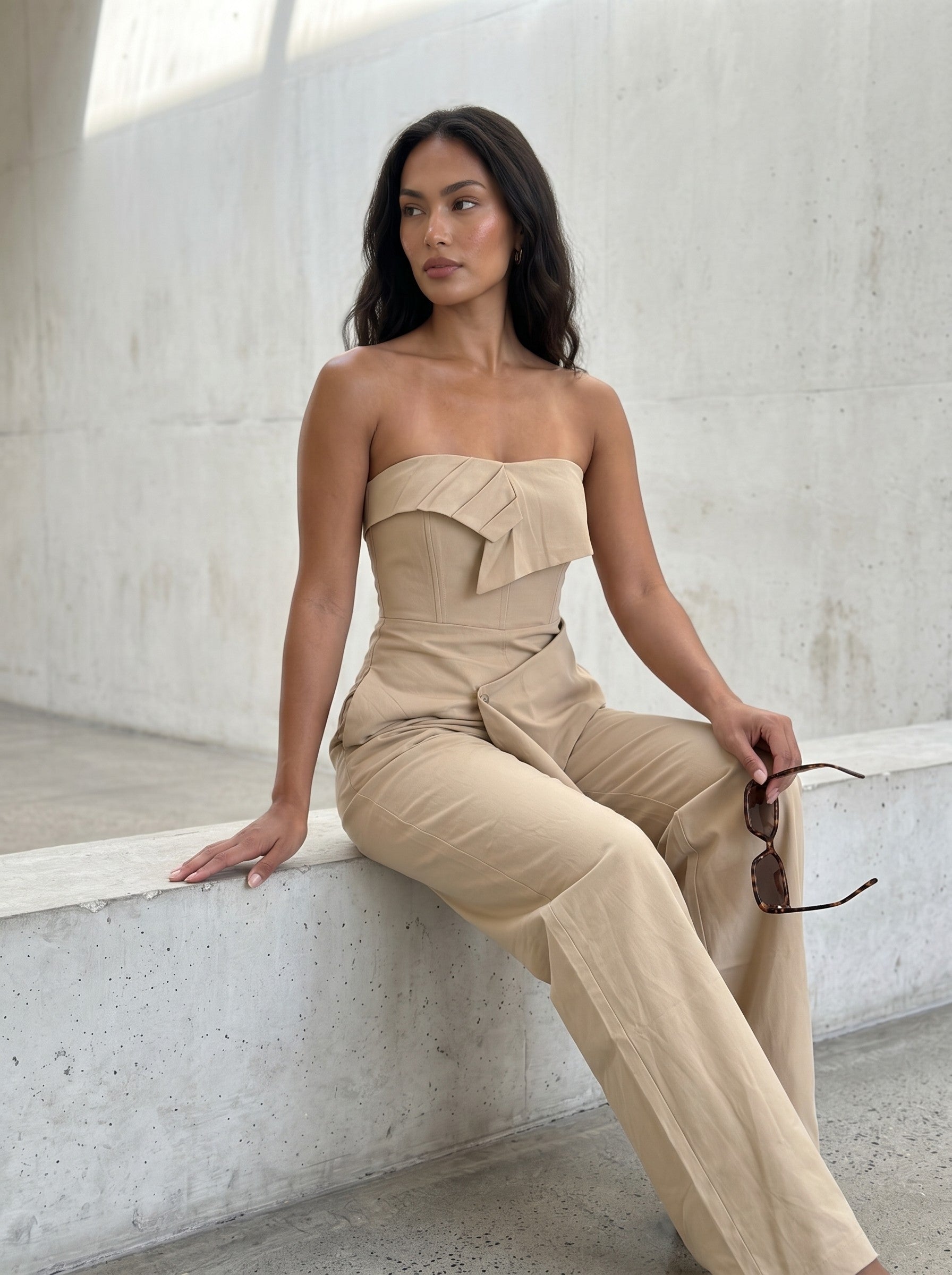 Camel Strapless Tailored Wide-Leg Jumpsuit