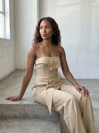 Camel Strapless Tailored Wide-Leg Jumpsuit