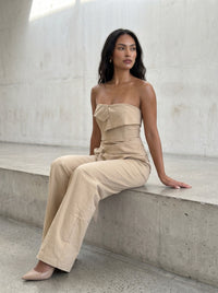 Camel Strapless Tailored Wide-Leg Jumpsuit