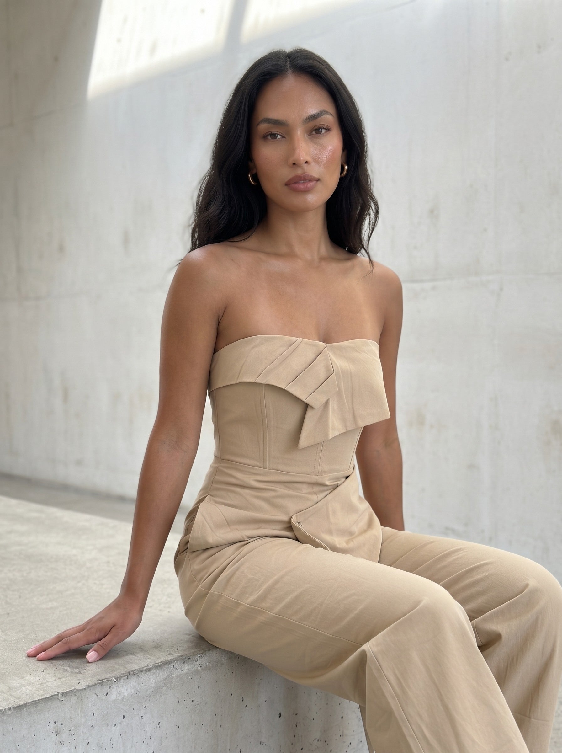 Camel Strapless Tailored Wide-Leg Jumpsuit