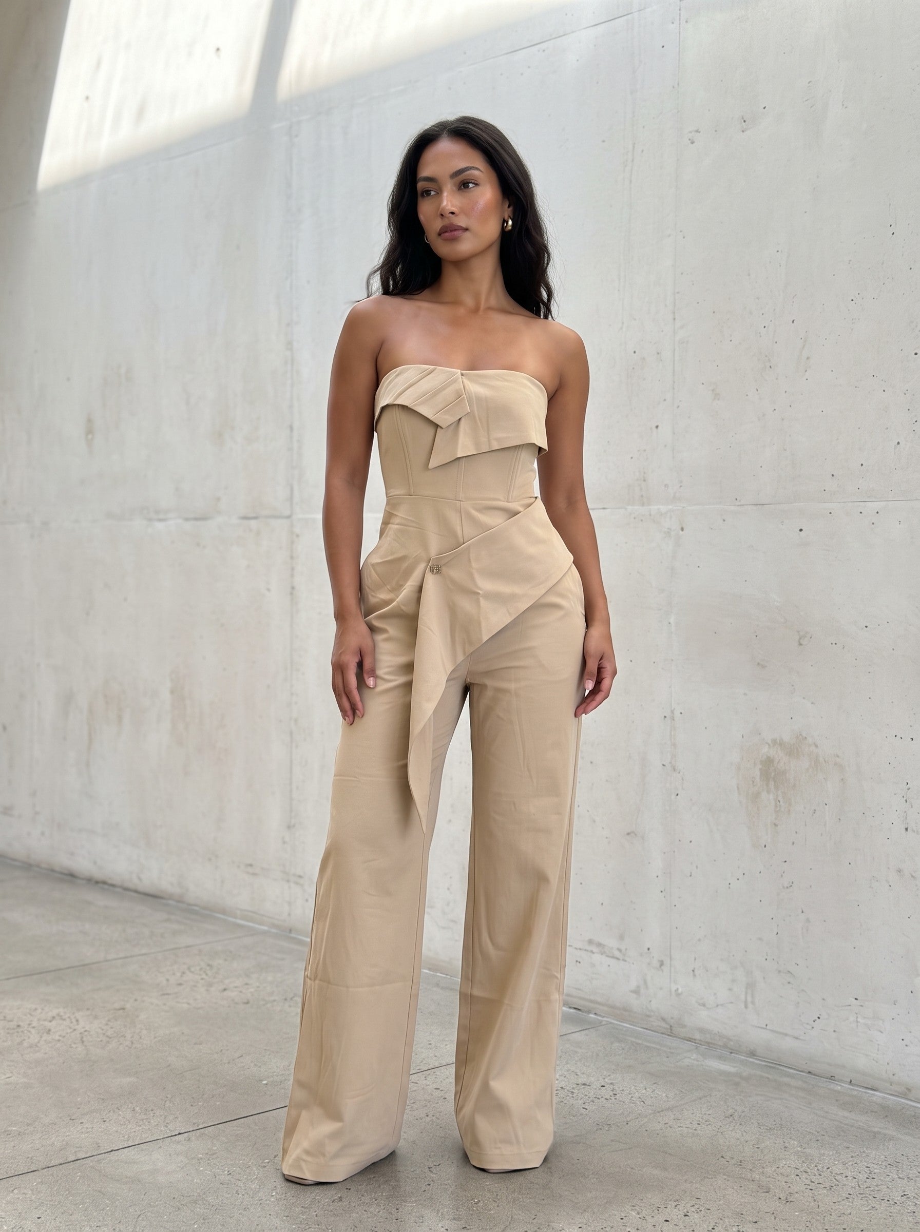 Camel Strapless Tailored Wide-Leg Jumpsuit