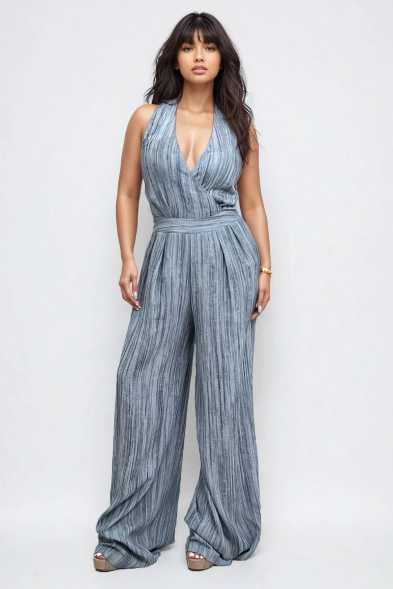 Skyline Pleated Halter Jumpsuit – Slate Blue
