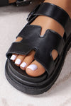 Black Solid Color Leather Buckle Strap Slippers