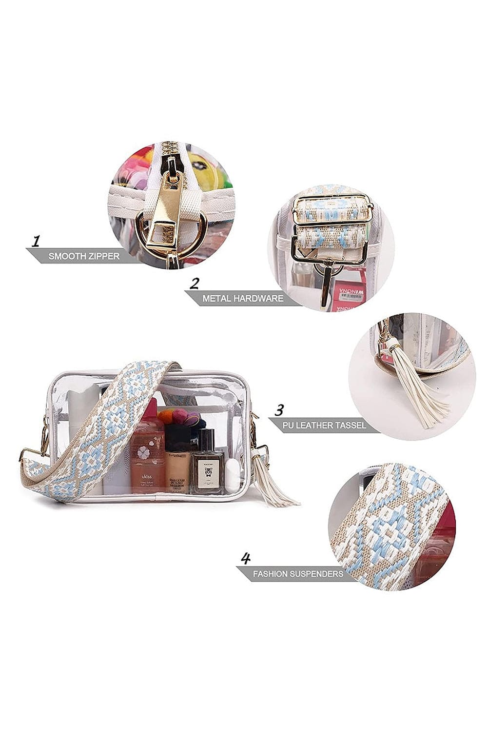 Wholesale White Contrast Edge Tassel Geo Print Strap Clear Shoulder Bag