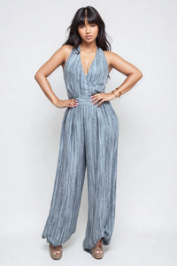 Skyline Pleated Halter Jumpsuit – Slate Blue