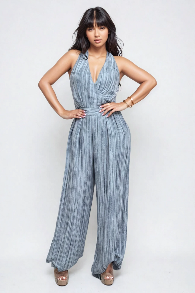 Skyline Pleated Halter Jumpsuit – Slate Blue