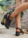 Black Vintage Leather Stitching Studded Wedge Sandals