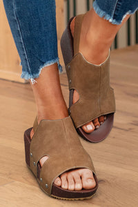 Camel Retro Studded Faux Suede Wedge Sandals