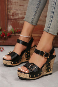 Black Rivet Buckle Closure Wedge Sandals