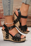 Black Rivet Buckle Closure Wedge Sandals