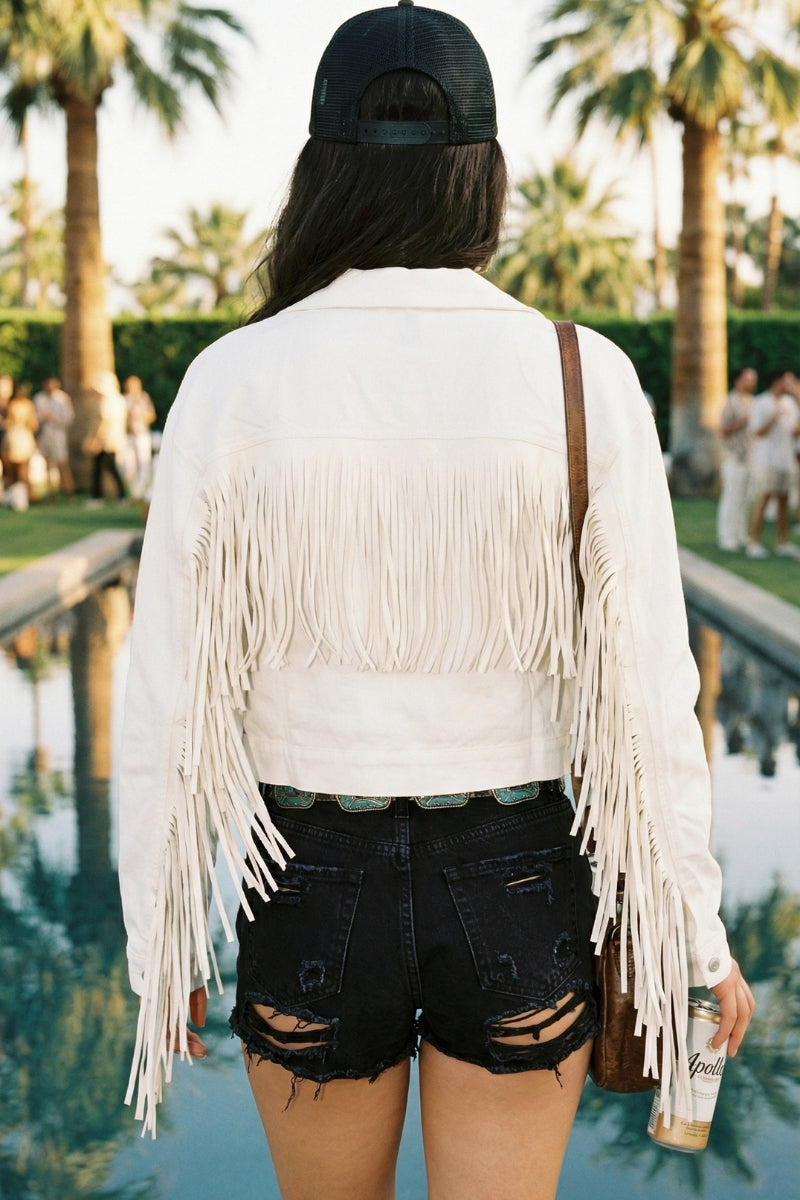 Cochella White Fringe Denim Jacket