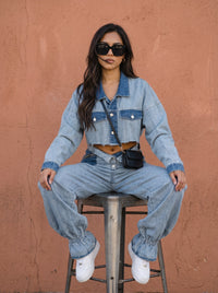 Cropped Contrast Denim Set